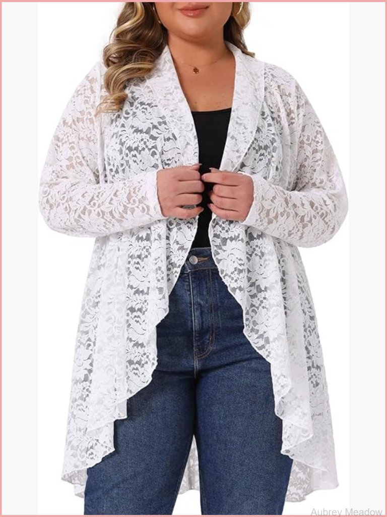 Plus Size Lace Cardigan Open Front Long Sleeve Sheer Crochet Cover Up